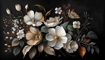 , Close up of blooming flowerbeds of amazing white and golden flowers on dark moody floral textured background. Photorealistic effect. photo