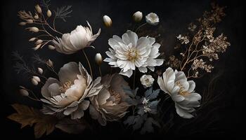 , Close up of blooming flowerbeds of amazing white and golden flowers on dark moody floral textured background. Photorealistic effect. photo