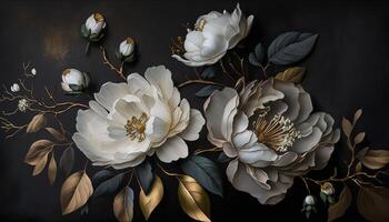 , Close up of blooming flowerbeds of amazing white and golden flowers on dark moody floral textured background. Photorealistic effect. photo