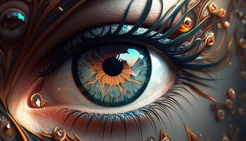 , Macro human open eye with makeup, fantasy photorealistic horizontal illustration. Futuristic fantasy digital art concept. photo