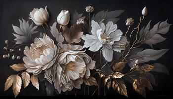 , Close up of blooming flowerbeds of amazing white and golden flowers on dark moody floral textured background. Photorealistic effect. photo