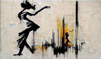 generativo ai, bailando mujer o chica, dinámica movimiento. tinta pintar vistoso salpicaduras calle pintada Arte en un texturizado papel Clásico fondo, inspirado por Banksy foto