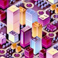 Isometric art 3D illustrations of urban scenes are provided, showing skyscrapers, streets, trees, and cars. Architecture, home construction, photo