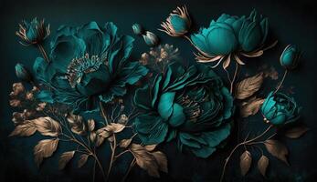 , Close up of blooming flowerbeds of amazing teal flowers on dark moody floral textured background. Photorealistic effect. photo