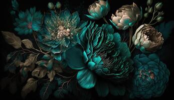 , Close up of blooming flowerbeds of amazing teal flowers on dark moody floral textured background. Photorealistic effect. photo