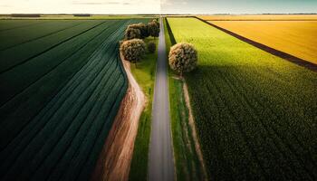 generativo ai, granja paisaje, agrícola campos, hermosa campo, país la carretera. naturaleza ilustración, fotorrealista parte superior ver zumbido, horizontal bandera. foto