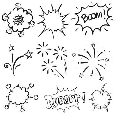Hand drawn starburst, sunburst elements, explosions, fireworks. Vector illustration