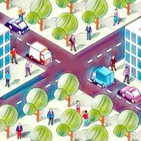 Isometric 3D illustrations of urban scenes are provided, showing skyscrapers, streets, trees, and cars. Architecture, home construction, photo