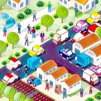 Isometric 3D illustrations of urban scenes are provided, showing skyscrapers, streets, trees, and cars. Architecture, home construction, photo