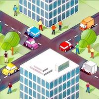 Isometric 3D illustrations of urban scenes are provided, showing skyscrapers, streets, trees, and cars. Architecture, home construction, photo