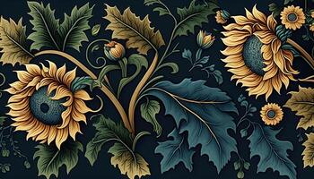 , Floral colorful pattern. William Morris inspired natural plants and sunflowers background, vintage illustration. Foliage Ukrainian ornament. photo