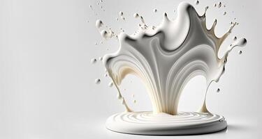 , Flowing liquid with splashes in white color. Glossy cream milk fluid banner, 3D effect, modern macro photorealistic abstract background illustration. photo