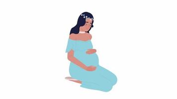 Animated soon-to-be mother. Woman with floral crown hugging pregnant belly. Flat character animation on white background with alpha channel transparency. Color cartoon style 4K video footage