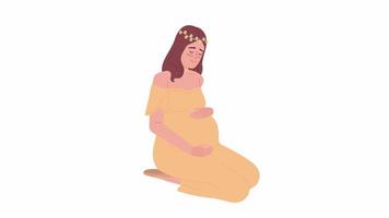 Animated pretty pregnant lady. Bearing child woman in yellow dress with flower crown. Flat character animation on white background with alpha channel transparency. Color cartoon style 4K video footage
