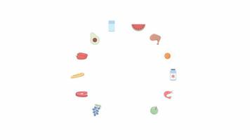Animated nutritional requirements. Food, vitamins for maintaining good health. Flat color frame 4K video footage with alpha channel. 2D background template animation with copy space for text, image