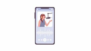 Animated podcast app on smartphone. Audio player on mobile phone. Flat cartoon style icon 4K video footage. Color isolated element animation on white background with alpha channel transparency