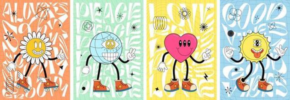 Stay groovy, peace, love rules and good vibes art poster set. Sun, peace sign, flower daisy and heart retro characters on crazy vintage hippy banners. Psychedelic hippie style placards. y2k designs vector