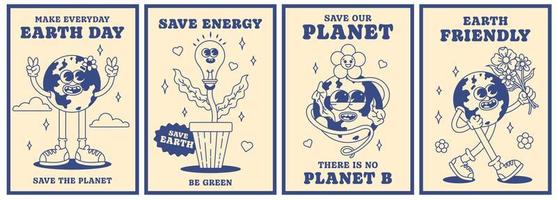 Save the planet poster set in trendy groovy style. Earth Day. Earth friendly. Save energy. Funny vector earth character and mascot. Eco friendly conception. Vector. Monochrome palette.