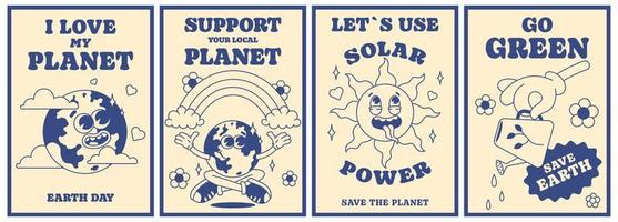 Save the planet poster set in trendy groovy style. Earth Day. Solar Power. Go green. I love my planet. Funny vector earth character and mascot. Eco friendly conception. Vector. Monochrome palette.