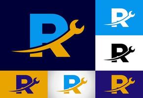 Graphic alphabet R with wrench. Logo for mechanical, technology, repair service , automotive business vector
