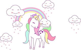 Vector illustration of a cute unicorn with rainbow in kawaii style. Unicorn on clouds with rainbow