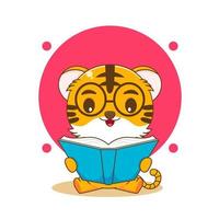 Cartoon illustration of cute nerd tiger reading a book with glasses vector