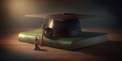 Graduation cap and diploma on library table, AI Generated photo