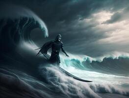 grim reaper surfing the seas, sea ghosts, haunted seas, AI Generated photo