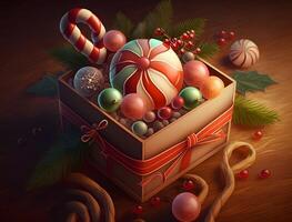 Christmas and New Year Illustration.Candy cane from cookies, golden gifts box, Pine . Glass Balls hanging on the ribbon. photo