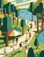 poster of the summer season, Drawings of people, nature, trees, parks, and beach, professional color selection, flat design, photo