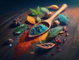 spices, various kinds of natural cooking spices on a wooden background, photo