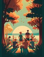 póster de el verano estación, dibujos de gente, naturaleza, árboles, parques, y playa, profesional color selección, plano diseño, ai generado foto