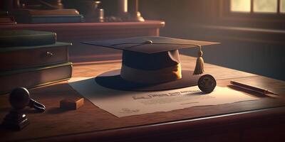 Graduation cap and diploma on library table, AI Generated photo