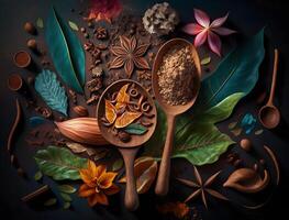 spices, various kinds of natural cooking spices on a wooden background, photo