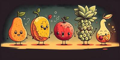 Cute Hand drawn background summer fruits mango, pineapple, grape, and apple. photo