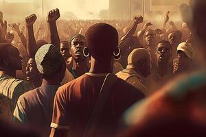 demostraciones de africano los ciudadanos con puños en el aire y banderas, negro vive importar protestas, activista movimiento protestando en contra racismo y luchando para igualdad, ai generado foto