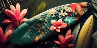 Surfboard and Beach Palm Nature Motif Wallpaper, photo