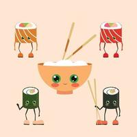 Funny sushi characters. Funny sushi with cute faces. Sushi roll and sashimi set. Happy sushi characters. Asian food, vector illustration isolated on white background