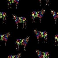 Zebra rainbow vector seamless texture. Bright zebras on a black background