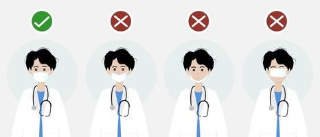 How to the correct wear medical mask. Protect yourself from dust and viruses. Vector flat design illustration style.