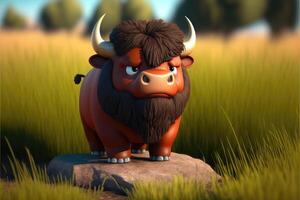 linda dibujos animados bisonte personaje 3d. ai generado foto