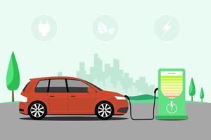 Flat vector illustration style of a white electric car charging at the green charger station. Electromobility e-motion concept.