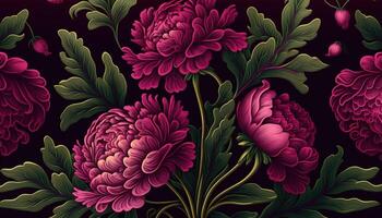 , Floral pattern. William Morris inspired natural plants and viva magenta peony flowers background, vintage illustration. Foliage ornament. photo