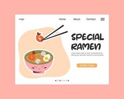 aterrizaje página diseño con asiático comida concepto ramen cuenco con camarón vector