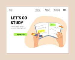 Landing page design with study concept. Making notes in workbook vector