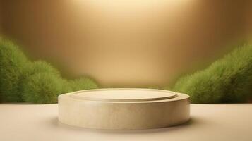 , product beige minimal scene with geometric podium platform and moss plants, mock up stand for cosmetic products. photo