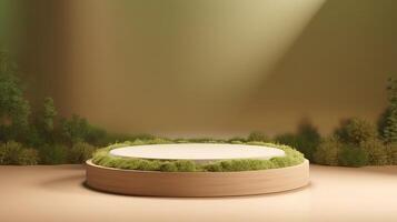 , product beige minimal scene with geometric podium platform and moss plants, mock up stand for cosmetic products. photo