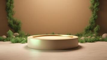 , product beige minimal scene with geometric podium platform and moss plants, mock up stand for cosmetic products. photo