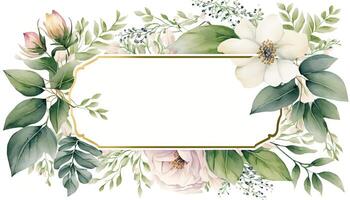 , Watercolor frame with spring flowers, hand drawn art style with place for text. Greeting, birthday and other holiday, wedding invitation concept photo