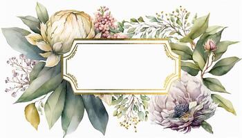 , Watercolor frame with spring flowers, hand drawn art style with place for text. Greeting, birthday and other holiday, wedding invitation concept photo